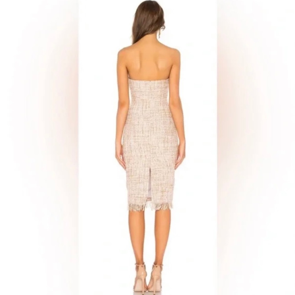 NWT LPA Strapless Tweed Midi Dress Cream Pink Multi Fringe Hem Cocktail Revolve